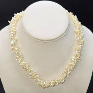 Vintage White Freshwater Pearl Chip Necklace With Metal Clasp 3-Strand HS214